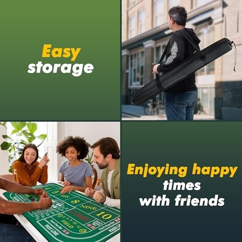 Craps Table Mat 70" x 35" with Poker Button & Storage Bag - Casino Game Layout