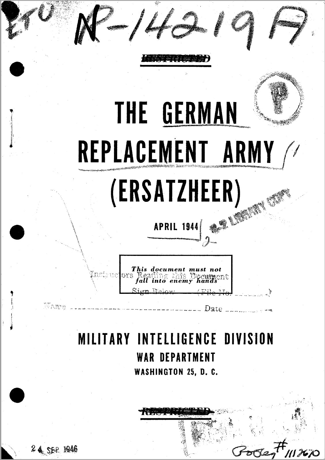 388 Page April 1944 War Department German Replacement Army Ersatzheer on Data CD