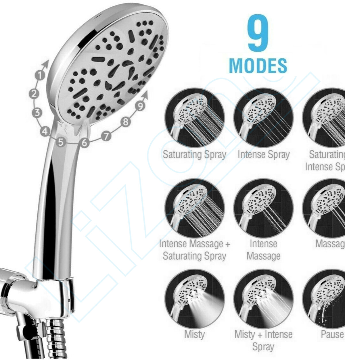 Handheld Shower Head High Pressure 9-Setting w/60" Hose & Adjustable Bracket