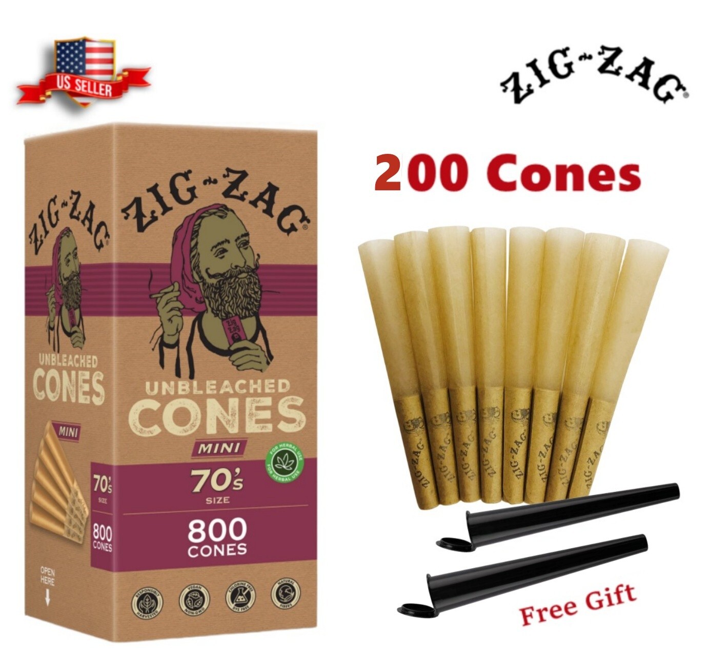 Zig-Zag® Unbleached Paper Cones 70mm Minis Size 200 Pack & 2 Tubes US Shipping