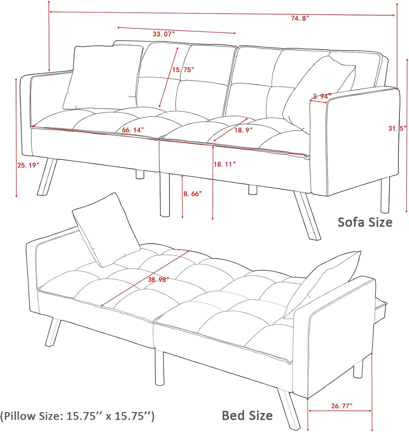 Futon Couch Sleeper Sofa Bed Convertible Loveseat Reclining Sofa Bed with Pillow