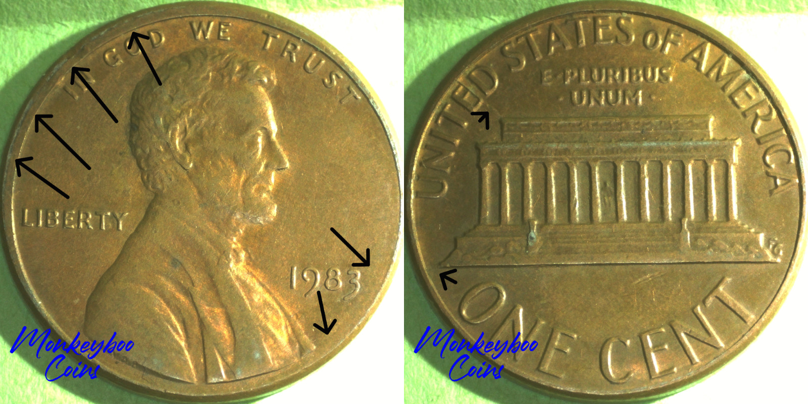 1983 Lincoln Memorial Cent - Spiked Head & Rev Die Cracks & Misaligned Dies