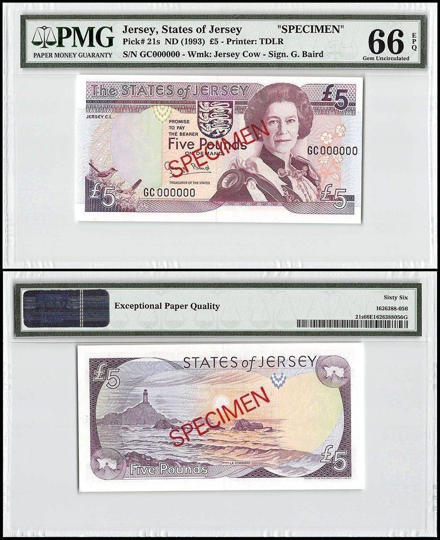 Jersey 5 Pounds, 1993 ND, P-21s, SPECIMEN, PMG 66