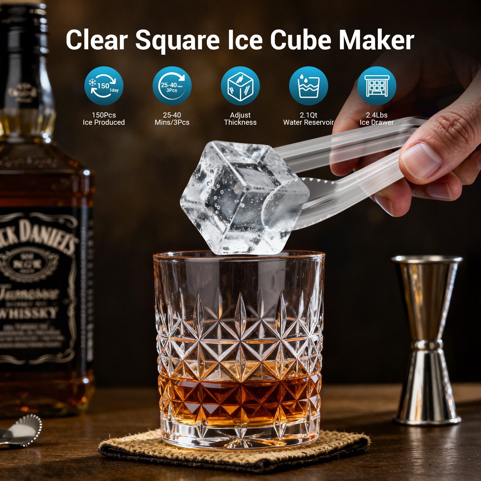 2'' Clear Ice Square Maker Machine,150 PCS/Day,Ice Cube Maker Automatic Cleaning