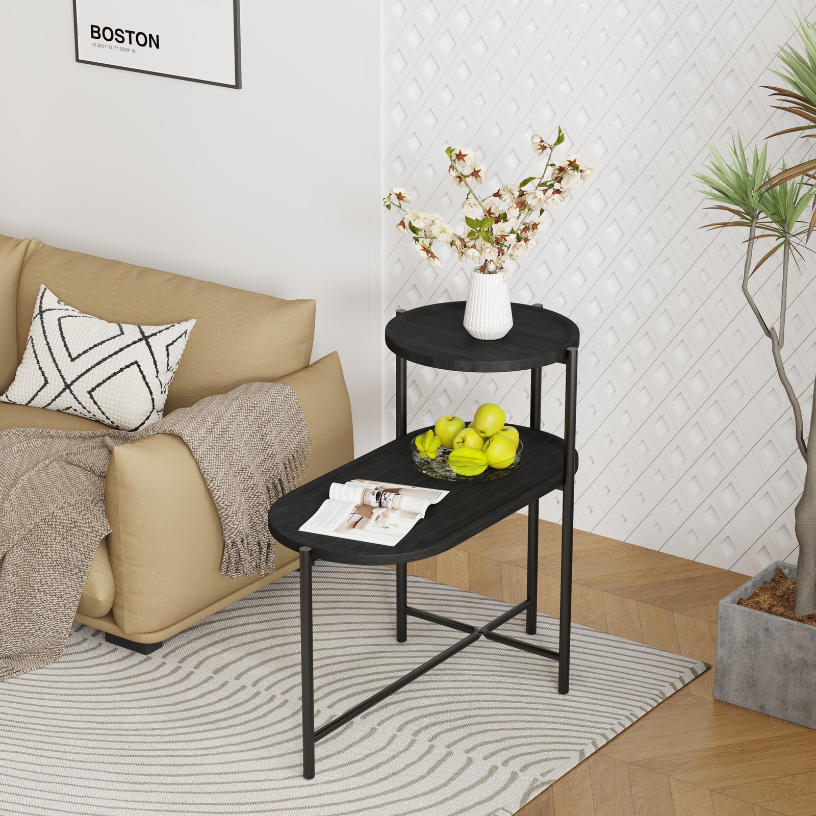 Round Coffee Table with Storage Tray 2 Tier End Tables Wooden Small Side Table