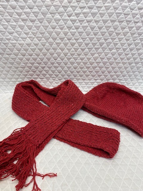 Matching beanie and scarf, hand knit