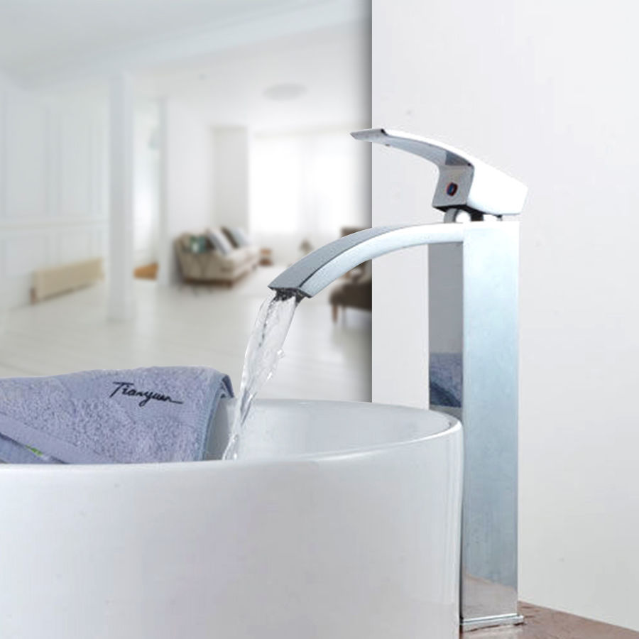 Polished Chrome Tall Vessel Waterfall Mixer Tap Bathroom Basin Sink Faucet