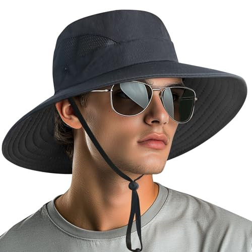 NPQQUAN Ponytail Sun Bucket Hats for Women Wide Brim UPF 50+ Fishing Black Men