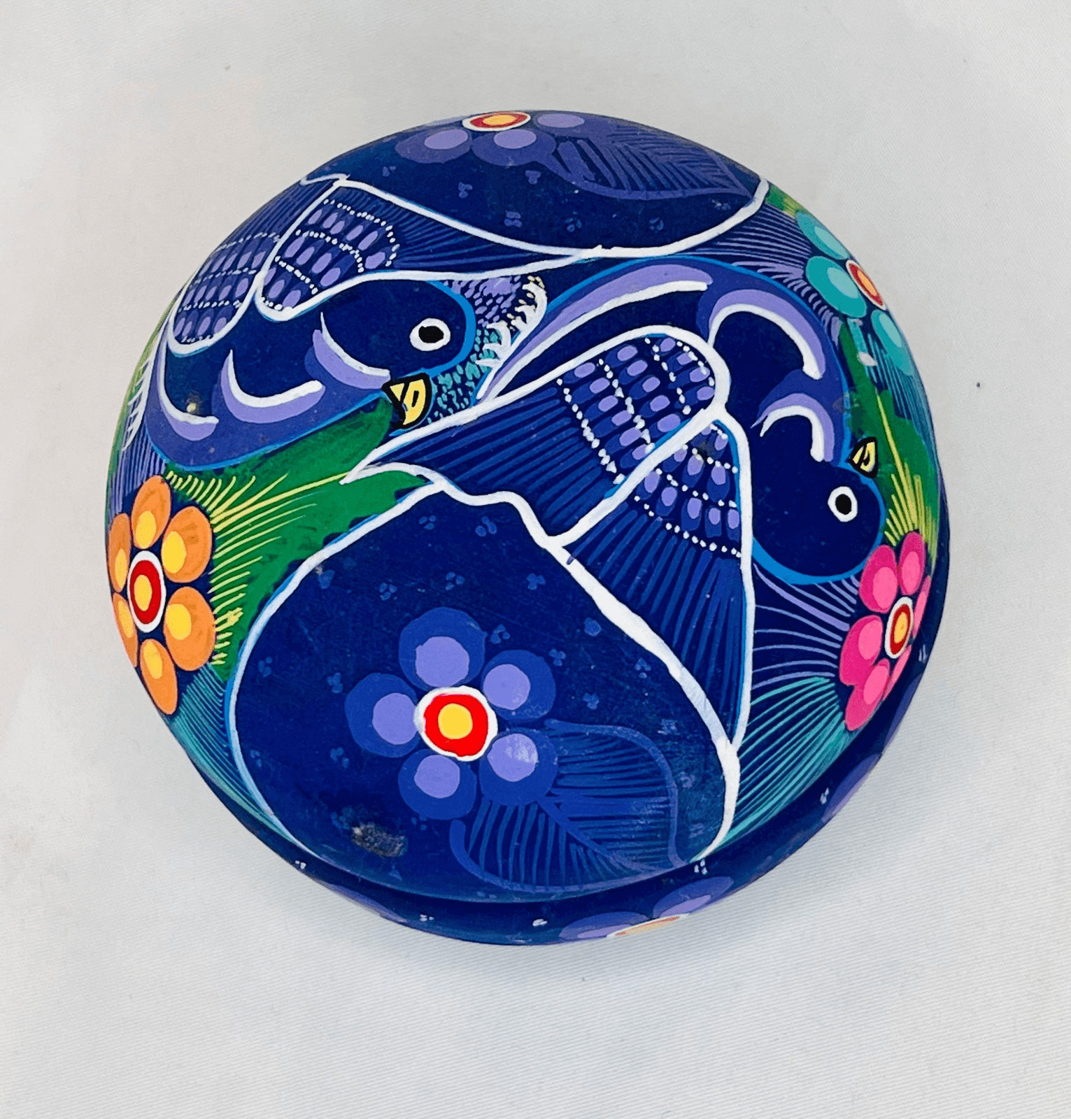 Mexican Trinket Box Vibrant Blue Round Bird Flowers