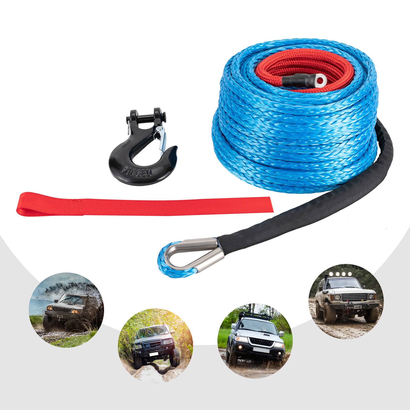 3/8x100' Synthetic Winch Rope w/ Hook Winch Cable w/Protective Sleeve New