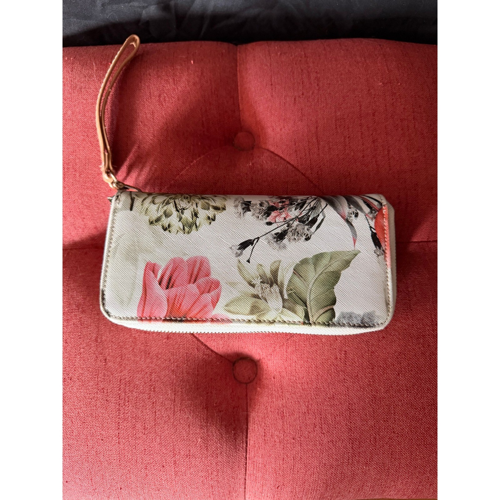 Floral Double Zip Around Wristlet Wallet Cream Botanical Print Gold Hardware