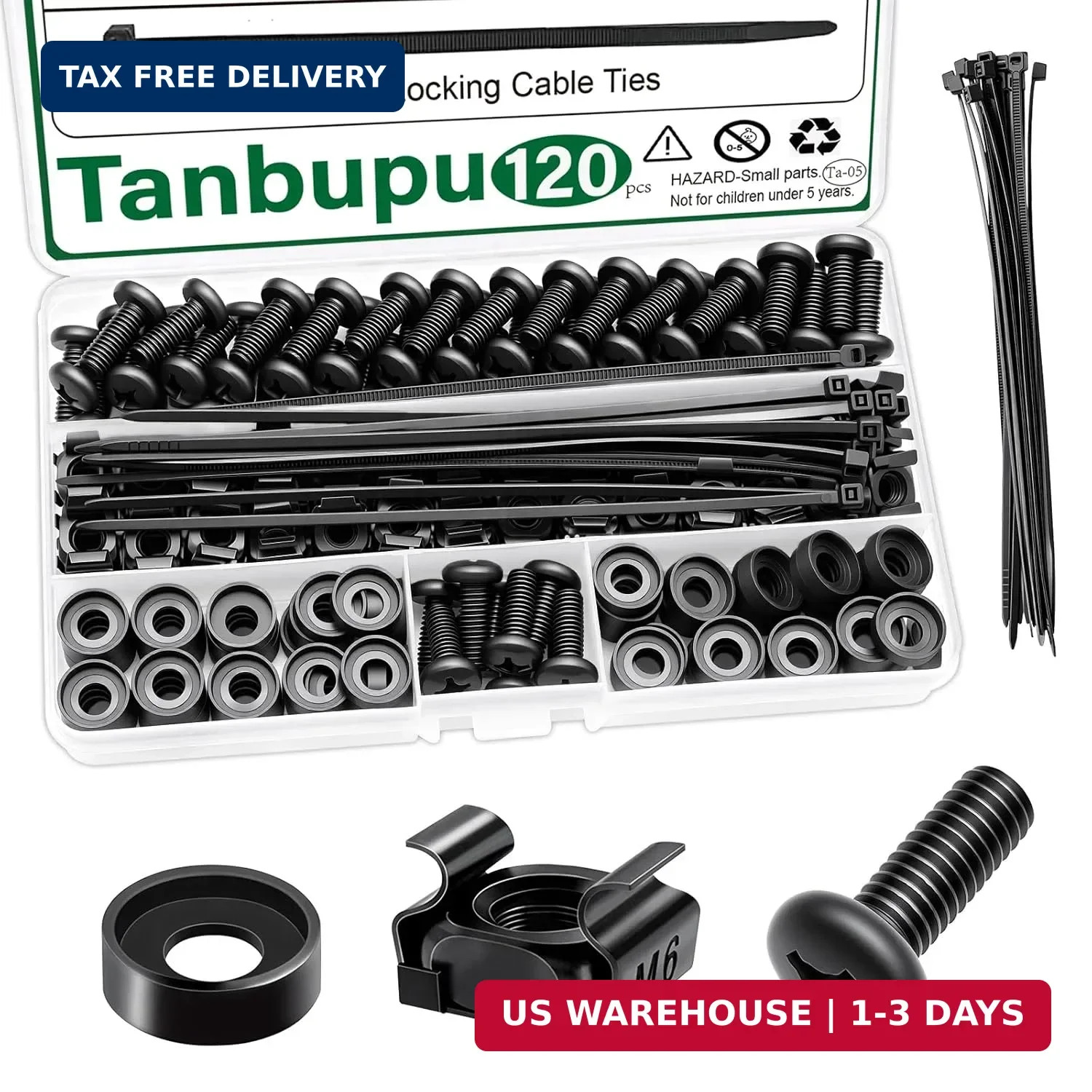 120Pcs M6 x 16mm Rack Mount Cage Nuts, Screws, Washers and Self-Locking Cable Ti
