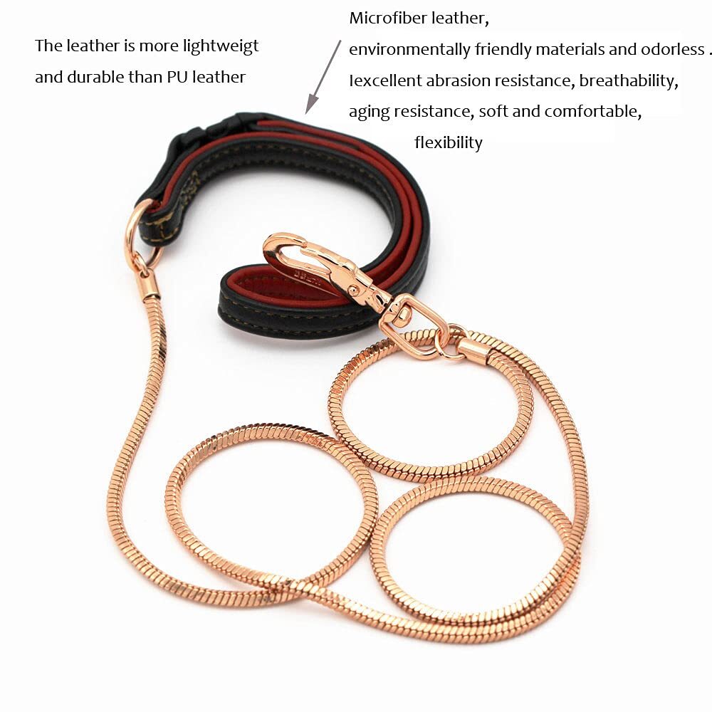 Chew Proof Dog Leash Snake Chain Red Bronze Metal with Leather Handle for Dog...