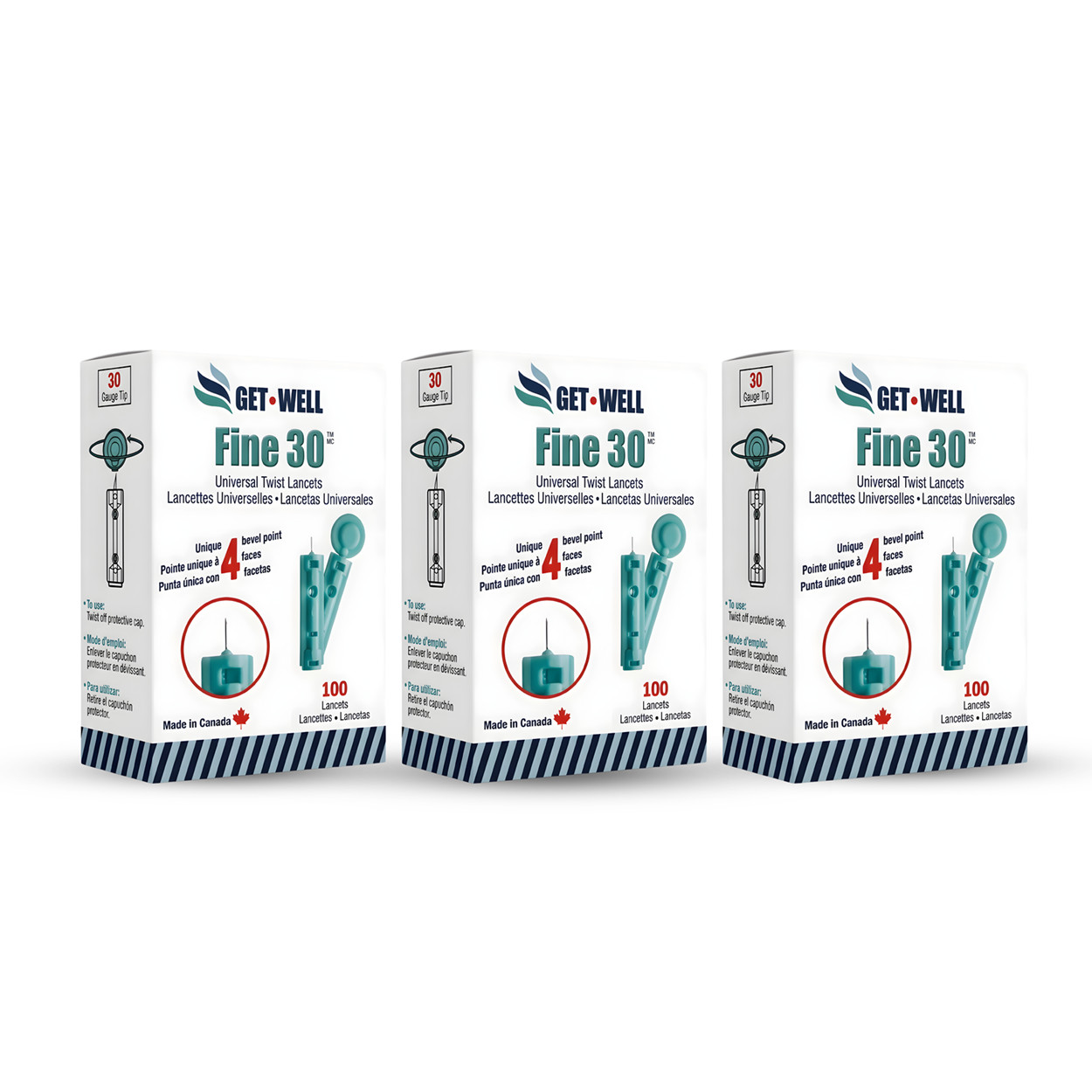 GET•WELL Fine 30 Universal Twist Lancets, Quad Bevel Point, 300 Ct, Made Canada