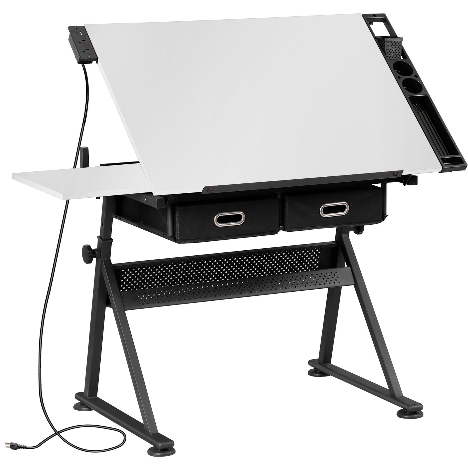 Adjustable Drafting Drawing Table Tabletop Tiltable w/ Stool & Outlet White