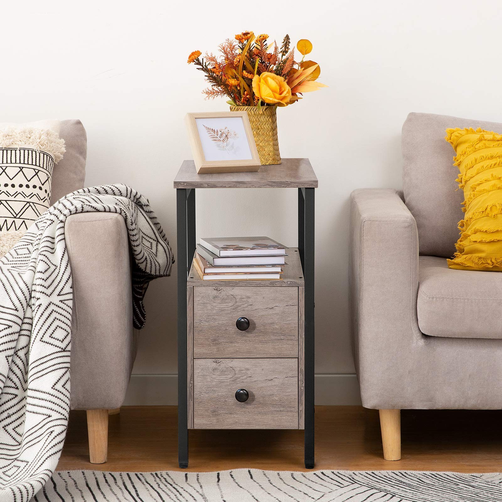HOOBRO End Table, Narrow Chairside 18.9"D x 11.8"W x 24"H, Greige + Black