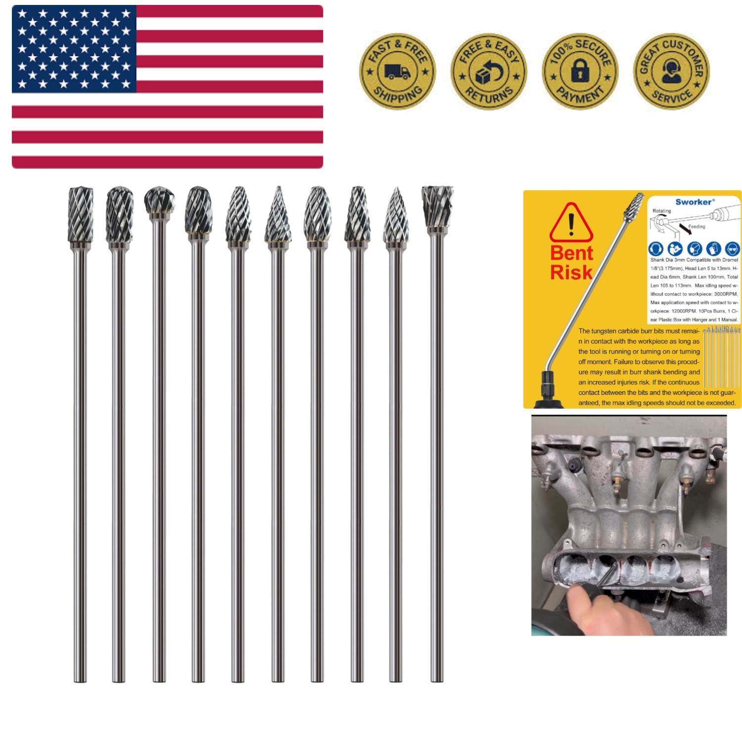 Durable 10-Piece Long Carbide Burr Set, Ideal for Engine Porting & Metal Shaping