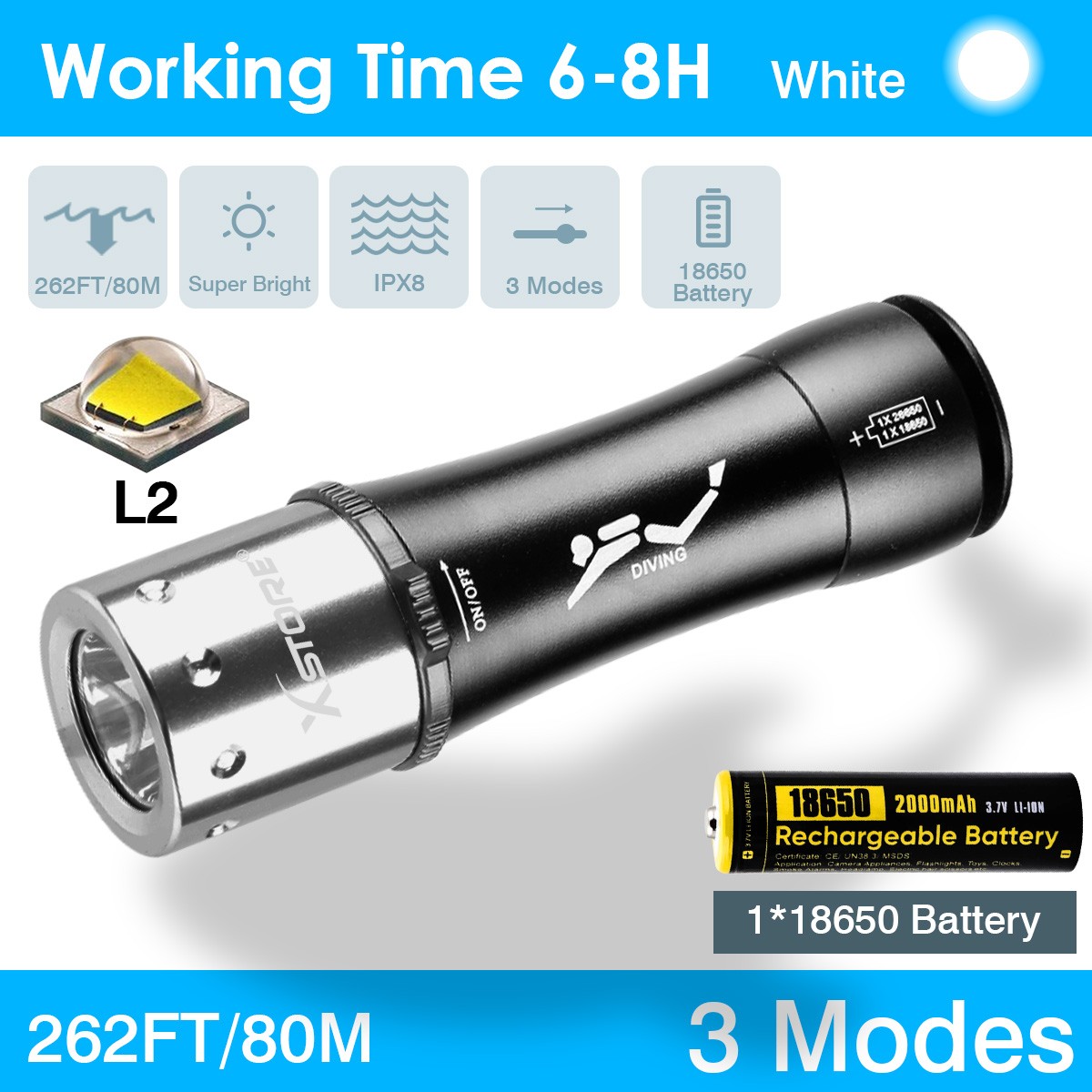 Underwater Flashlight Professional Diving Light LED Waterproof Dive Scuba Lamp