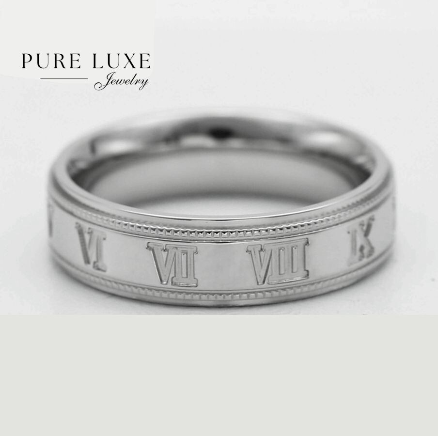 Men's Stainless Steel.Roman numeral Band Rings #8,9,10- 13 High Polish Box