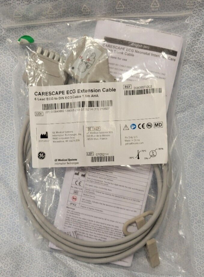 GE Medical Systems CARESCAPE ECG Extension Cable, 6 Lead to DIN, AHA, 1.8m, 6'