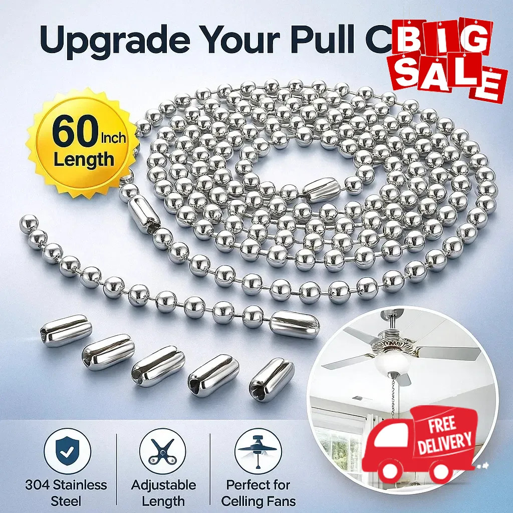 60 In Ceiling Fan Pull Chain Extension Silver 3mm Stainless Steel Ball Chain Set