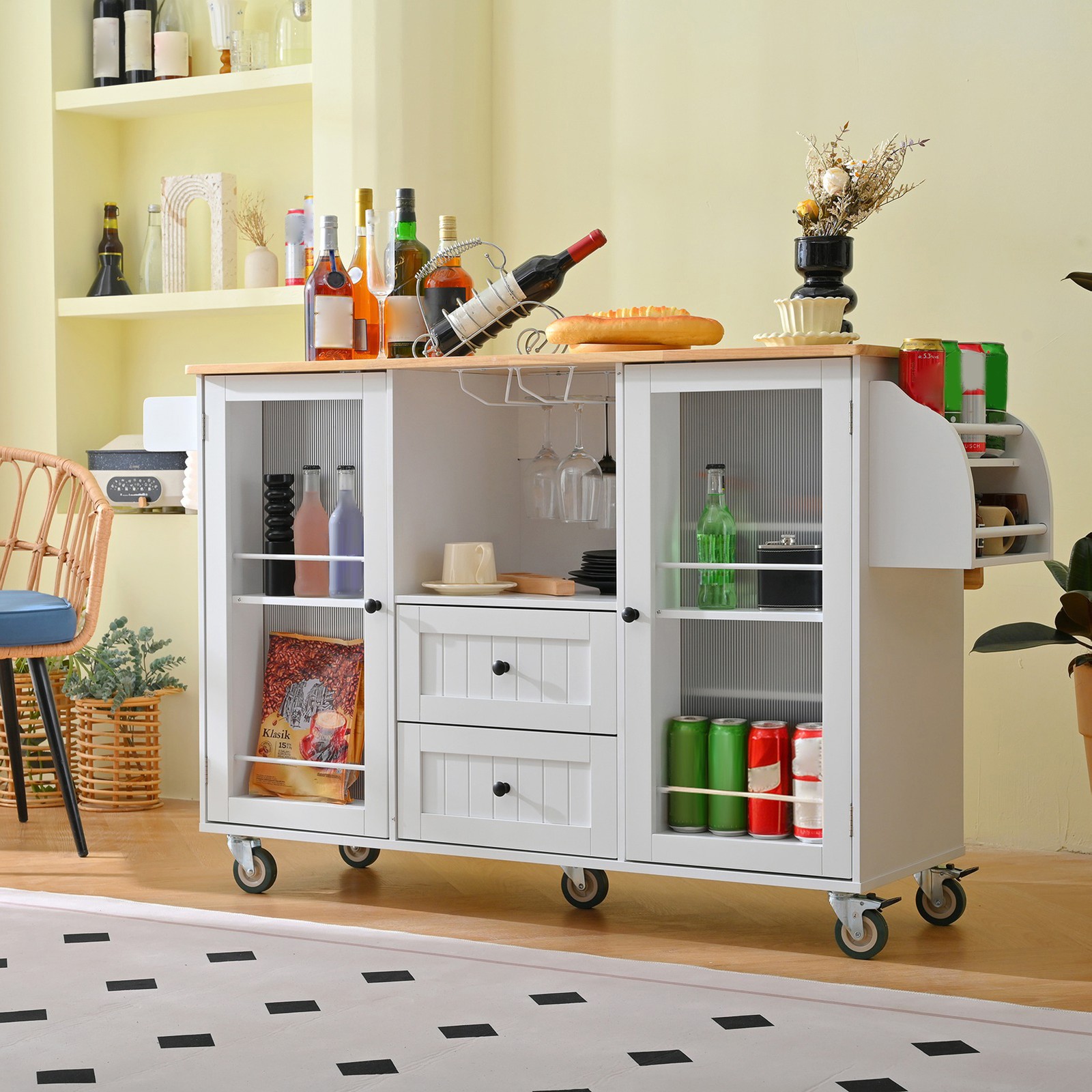 Kitchen Island Cart Rolling On Wheels with 13 Storage Areas Drop Leaf Bar