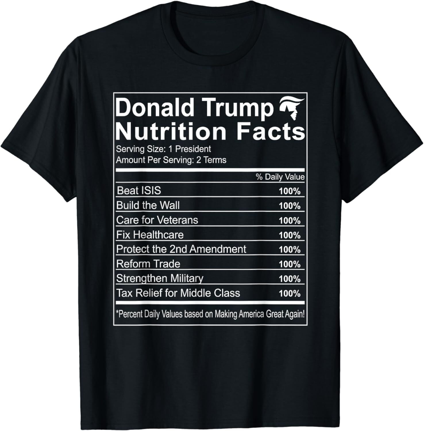 Donald Trump Nutrition Facts Make America Great T-Shirt Small, Black