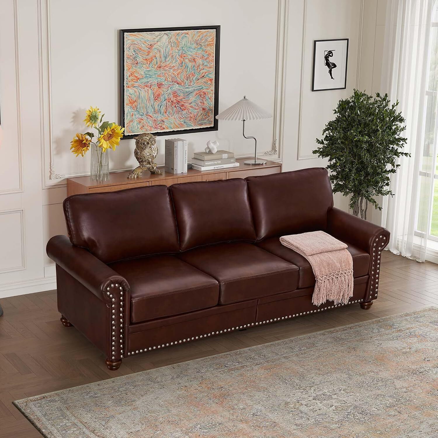 82" Faux Leather Sofa Oversized 3 Seater Sofa with Nailhead For Living Room