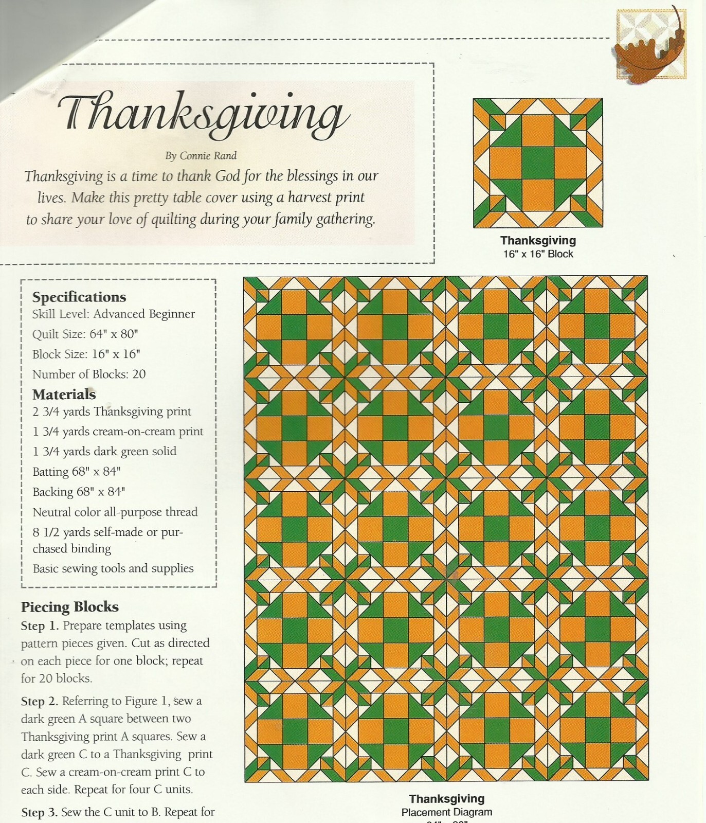 E0321 THANKSGIVING TABLE CLOTH QUILT PATTERN/INSTRUCTIONS