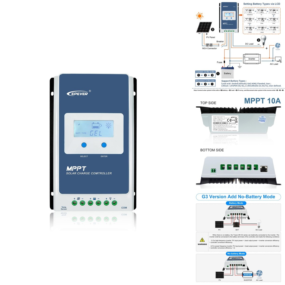 Epever Mppt Solar Charge Controller 10A 12V 24V Auto Max Pv 100V Solar Panel