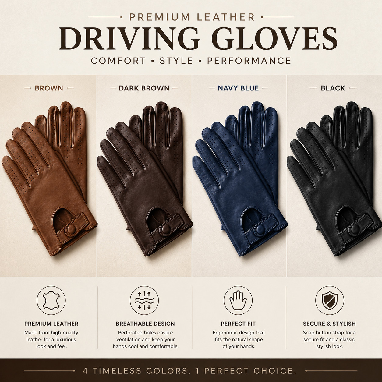 Men's Genuine Lambskin Leather Driving Gloves Soft Chauffeur Classic Retro Black