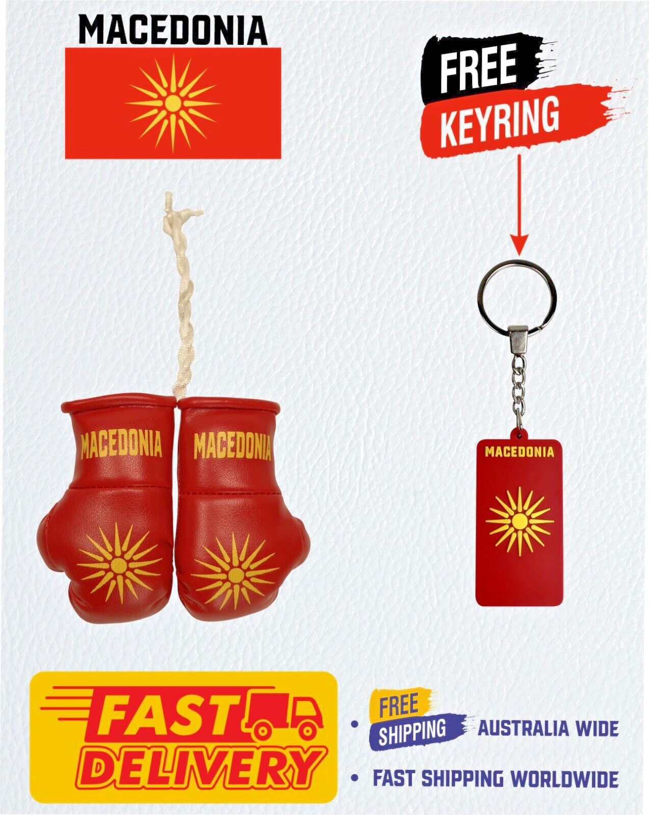 MACEDONIAN FLAG OLD , MACEDONIA , MINI GLOVES, BUY 1 PAIR GET 1 FREE KEYRING