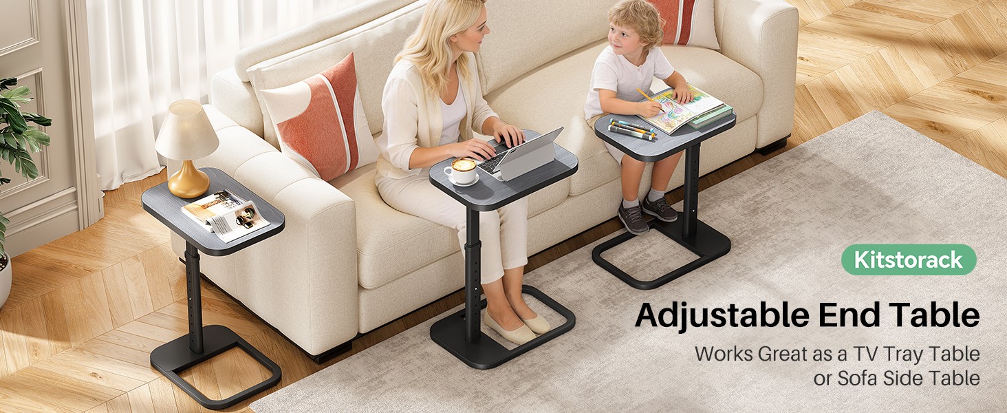 Kitstora Adjustable Height C-Shaped End Table, 9-Level Side Table with