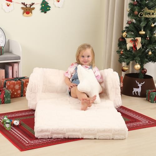 Toddler Couch, 2-in-1 Kids Soft Couch Fold Out with Star Pillow, Large Cream