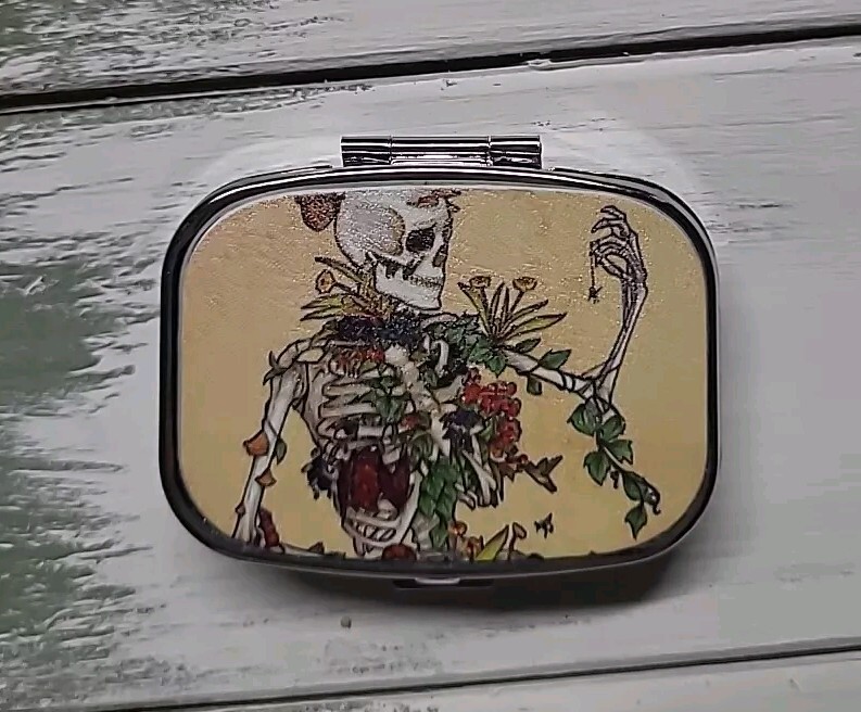 Skeleton Pill Box Decorative Case ,Metal Travel gift organizer.