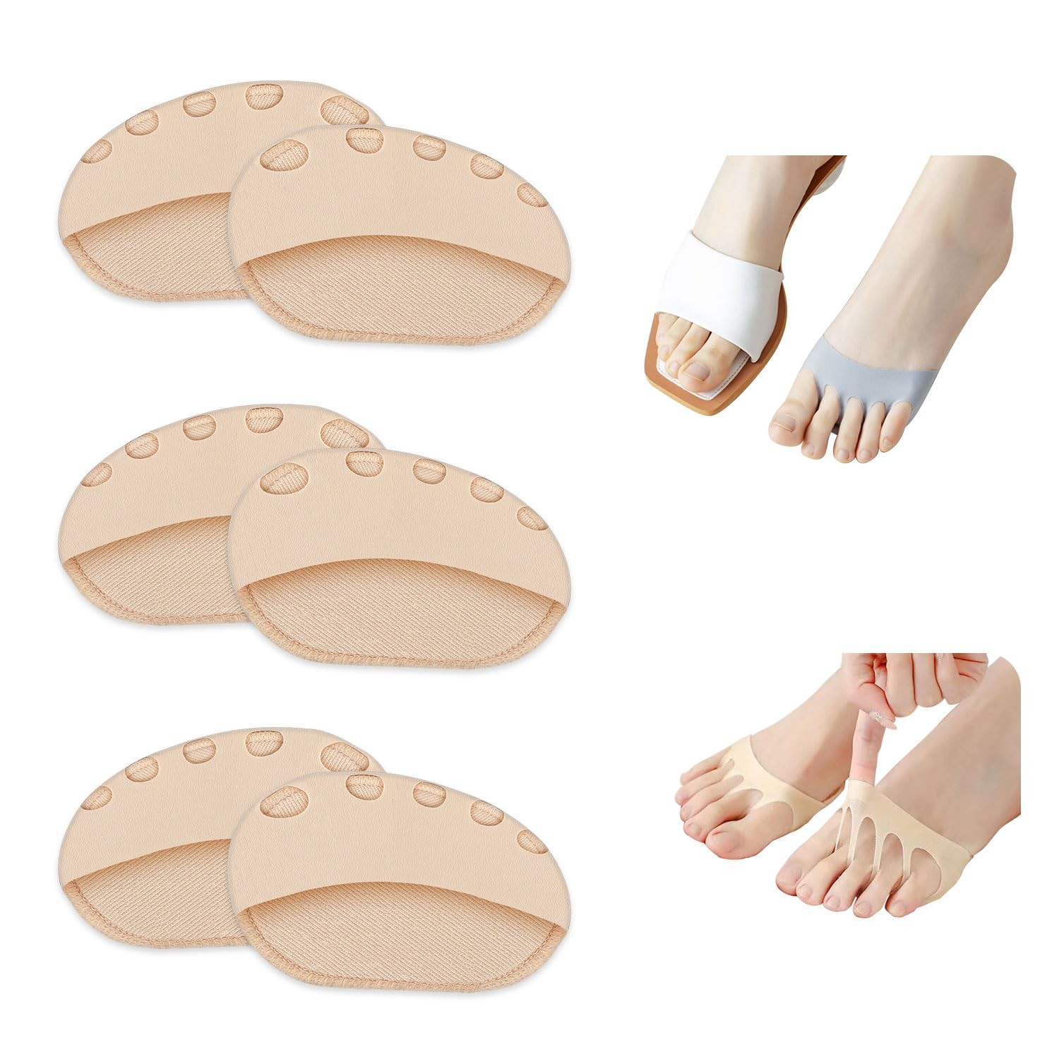 Keroius Honeycomb Fabric Forefoot Pads for Women Ball of Foot 3pairs Beige
