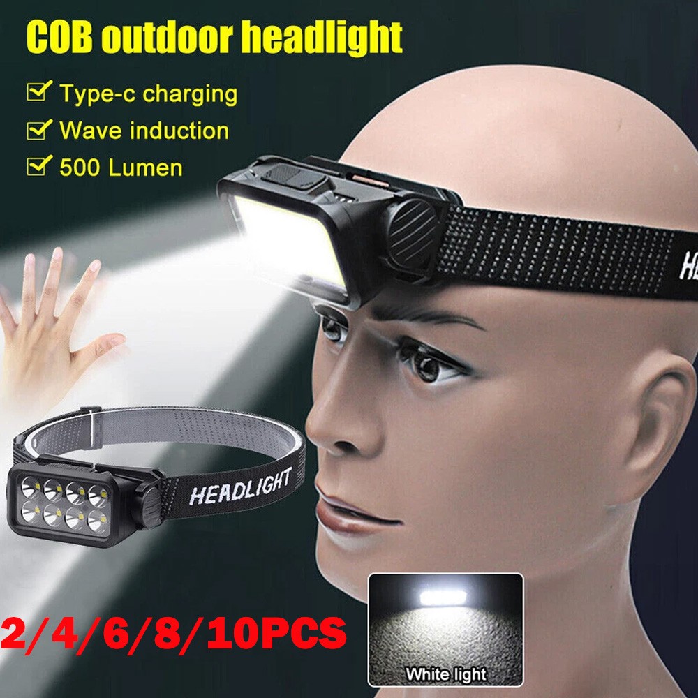 2/4/6/8/10Pcs COB LED Headlamp USB Rechargeable Headlight Torch Light Bar Head