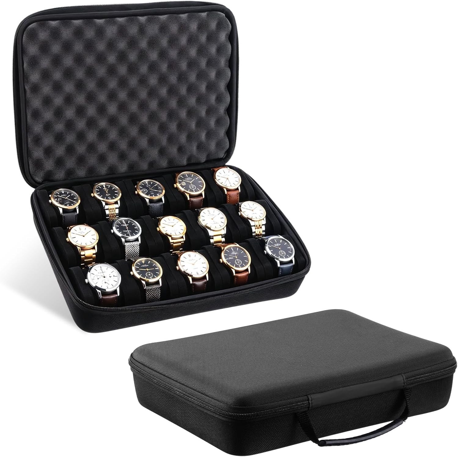Watch Storage Case, 15 Slot Hard Travel Wristwatches Box with Soft Protective...