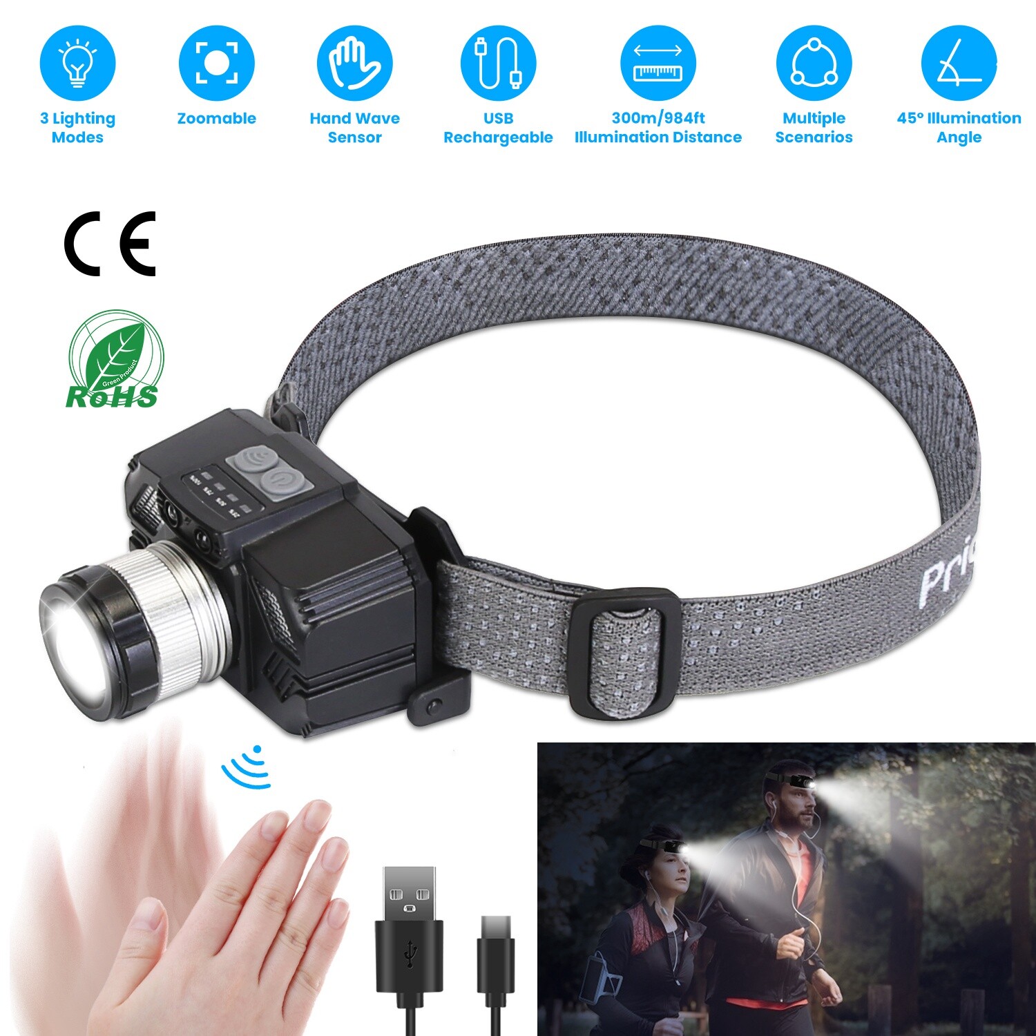 LED Headlamp Light Rechargeable Headlight Zoomable Head Torch Lamp Flashlight