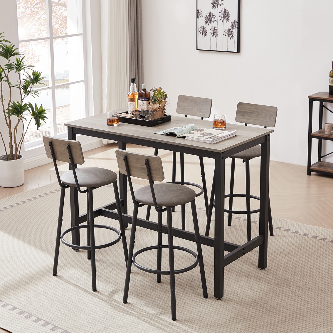 Bar Table Set with 4 Bar Stools PU Soft Seat with Backrest