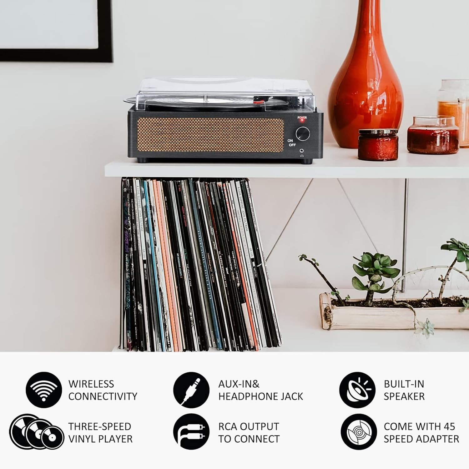 WOCKODER Record Player Bluetooth Turntable 3 Speed Built-in Speakers