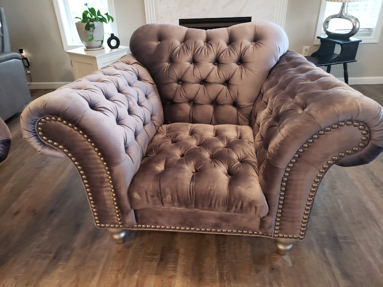 gray velvet tufted sofa And Matching Chair
