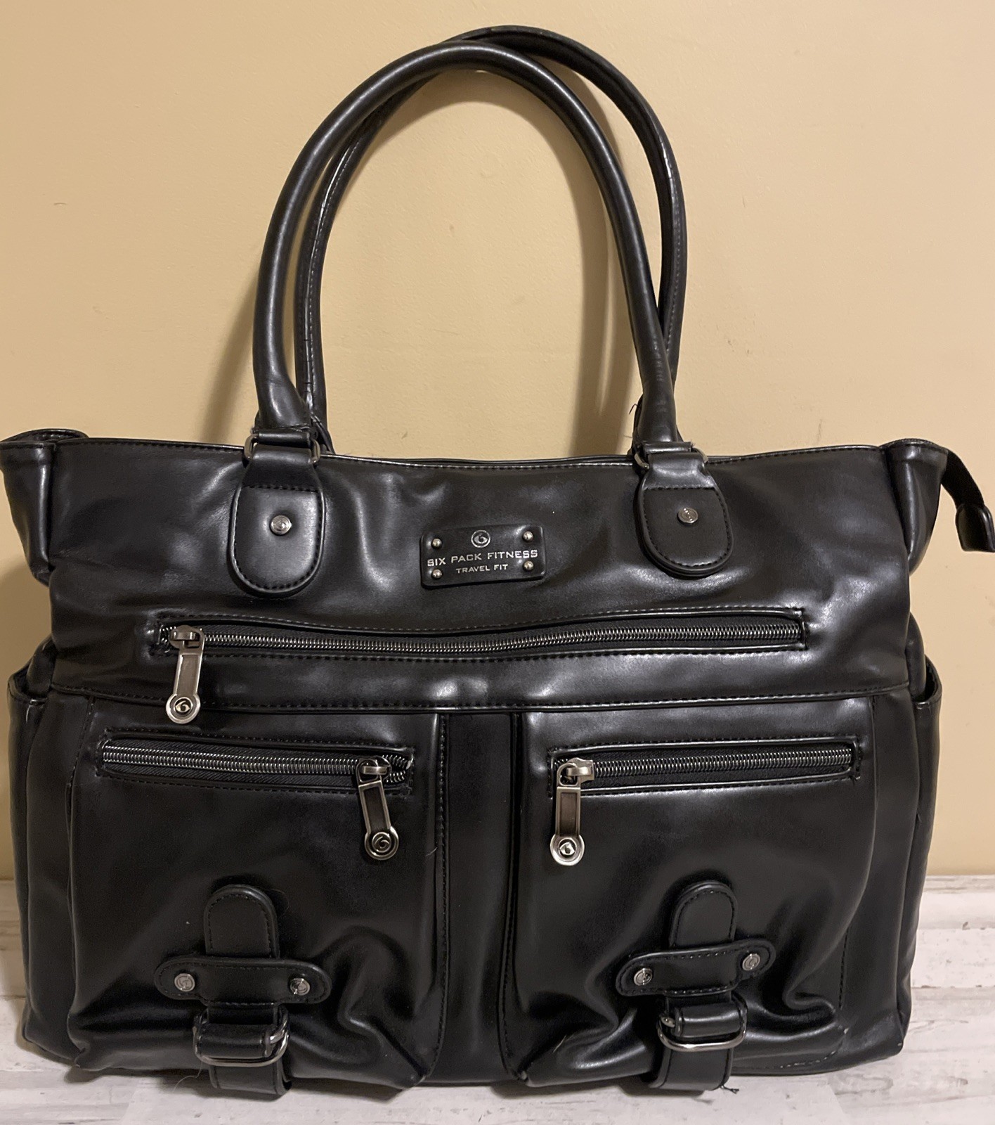 Six Pack Fitness Travel Fit Faux Leather Meal Pack Removable Container Black Bag