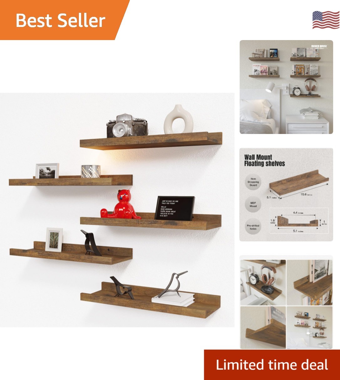 Stylish Brown Floating Shelves 5-Piece Set for Bedroom, Living Room, Bathroom