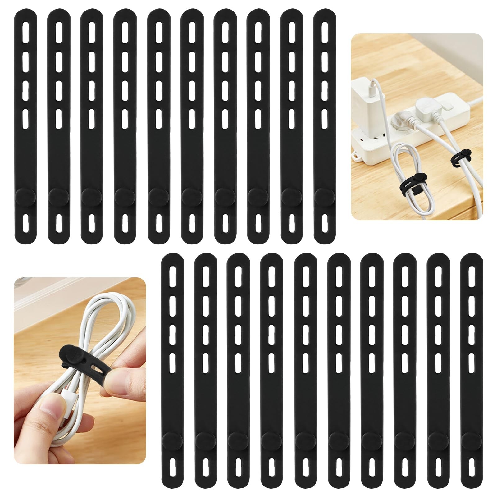 20 Pcs Black Silicone Cable Ties, Reusable Straps 5in, B-20pcs