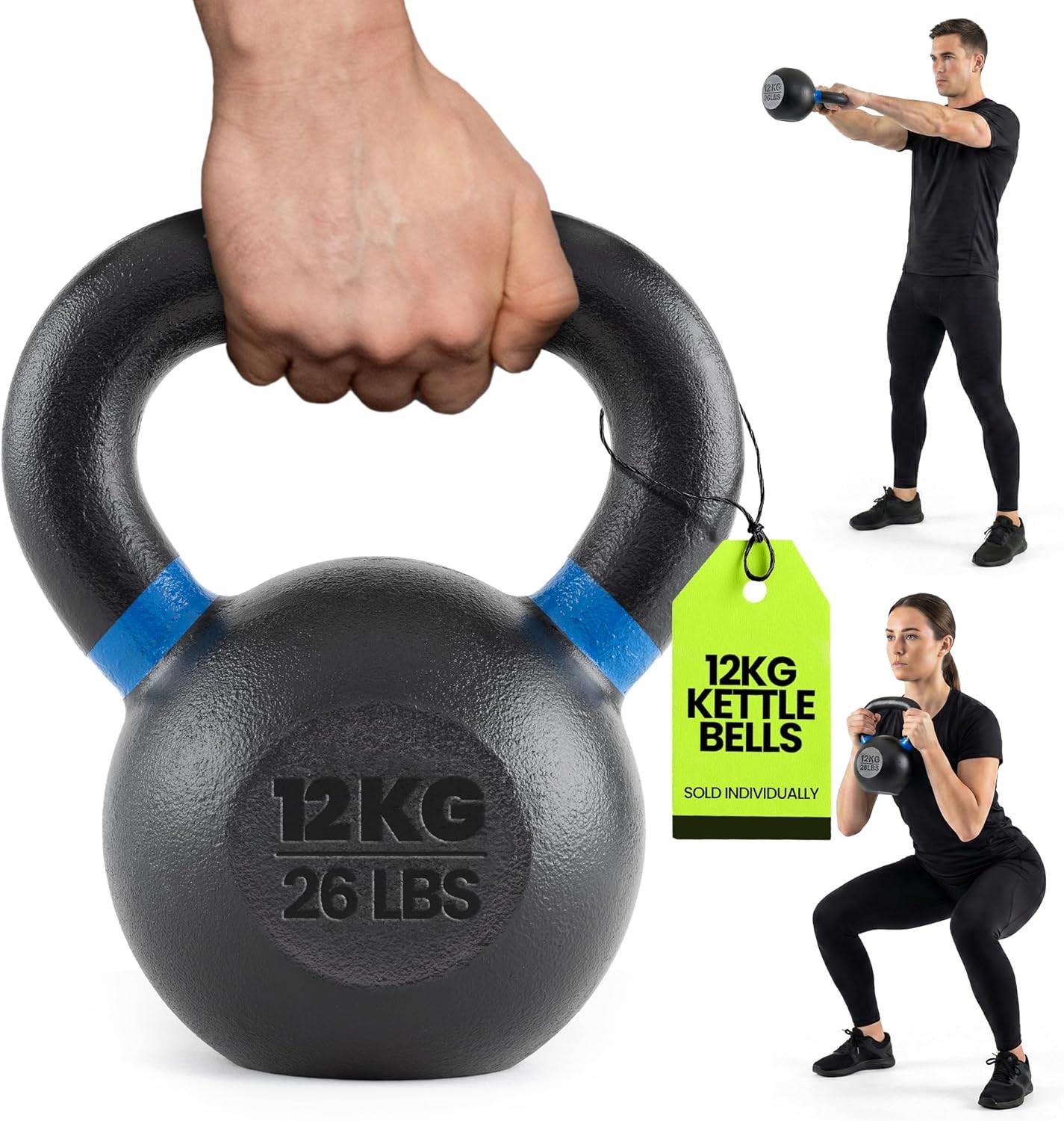 Single Cast Iron Kettlebell Powder Coated Wide Handle Weights Core & Glute