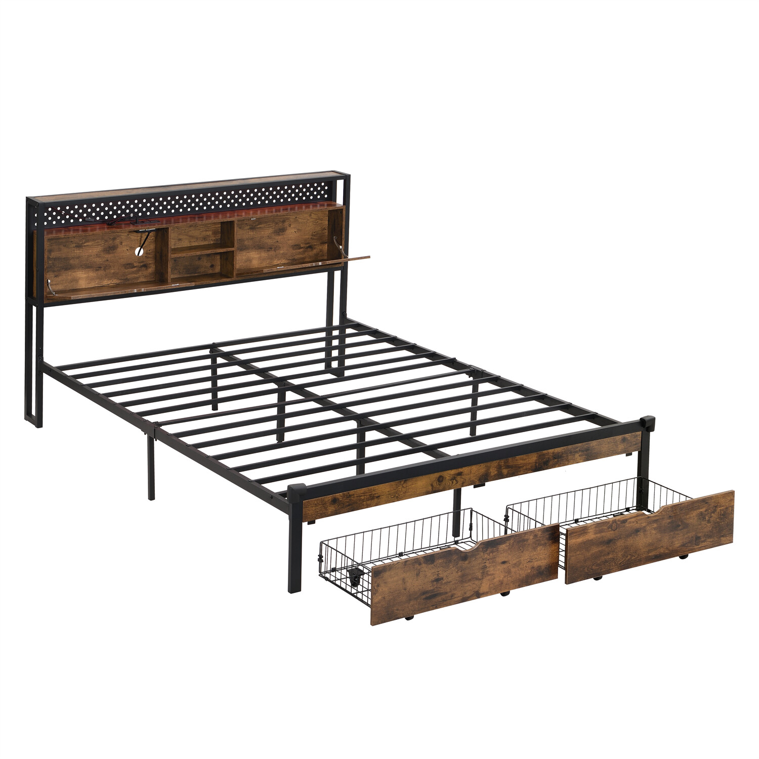Full/Queen/King Size LED Bed Frame Metal Platform Bed w/ Charging Station