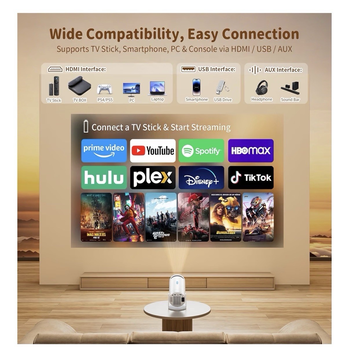 Mini DLP Projector 1080P Native 4K Support 270° Rotatable Electric Keystone