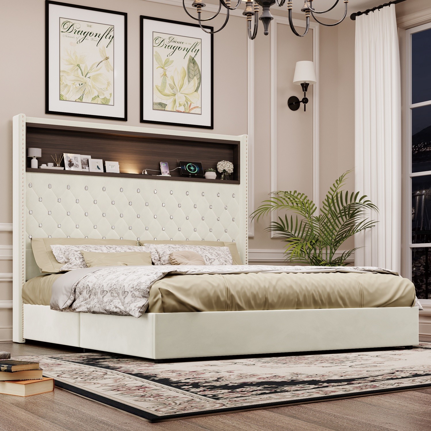 Queen Size Velvet Bed Frame w/ Tufted Storage Headboard & Night Light & USB Port