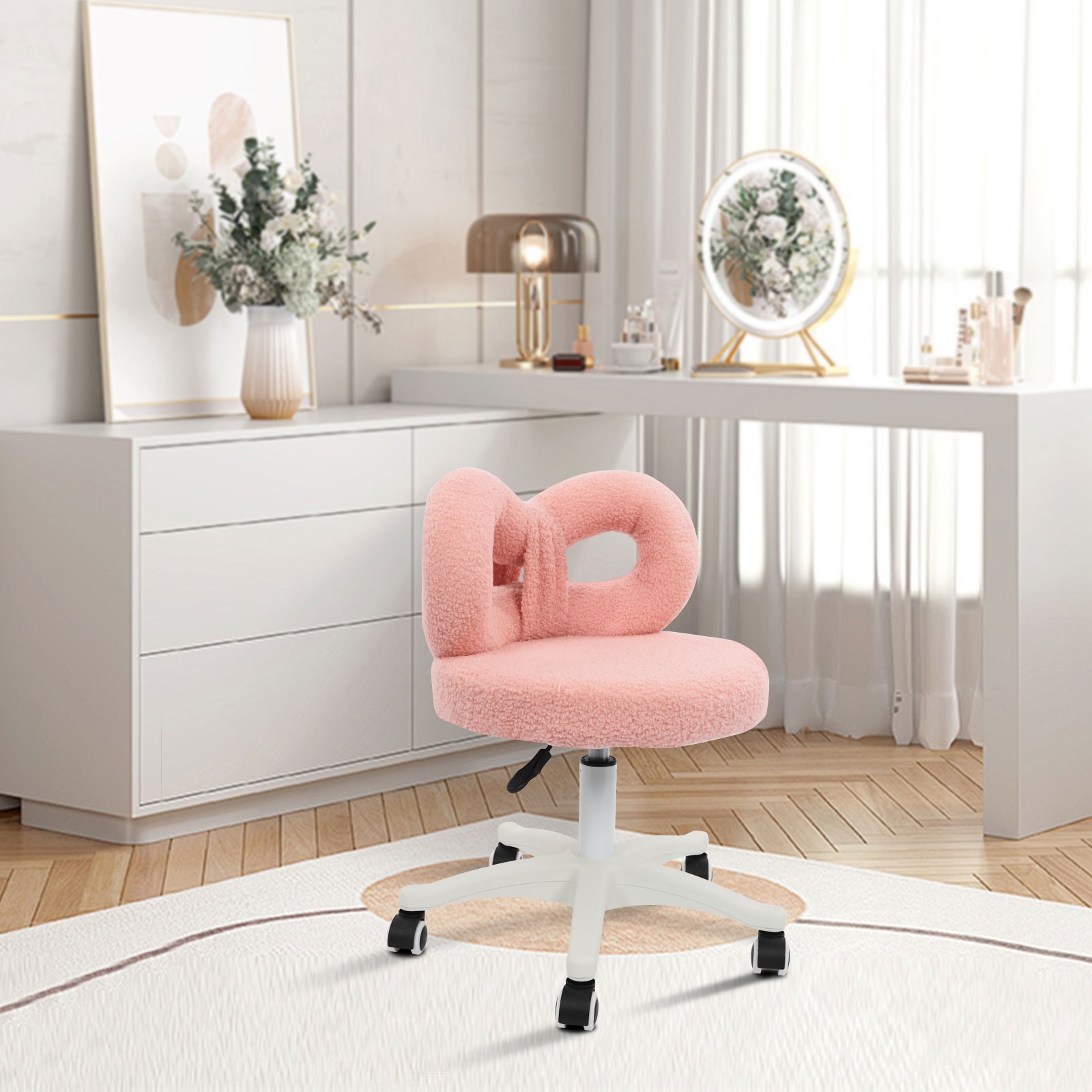 360° Pink Swivel Computer Chair Height Adjustable Chairs with Wheels and Back